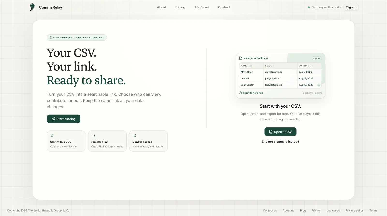 Comma Relay landing page screenshot