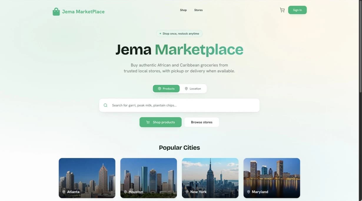 JemaMarketPlace.com landing page screenshot
