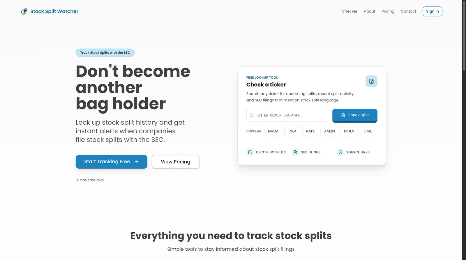 Stock Split Watcher landing page screenshot