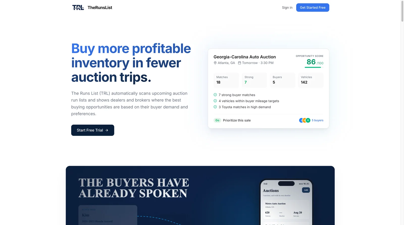 The Runs List landing page screenshot